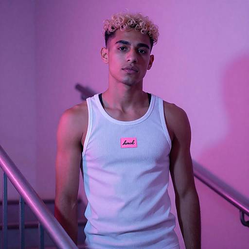 Bleached Curly Portrait on Neon Staircase