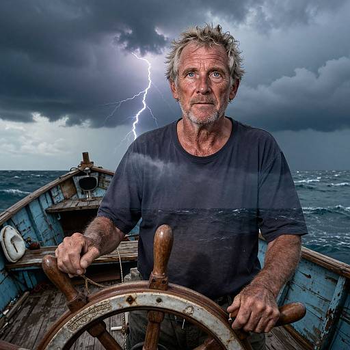 Middle-aged man with weathered face and grey hair gripping boat wheel, stormy sea, dark clouds, lightning flash, wearing black shirt. Photograph.