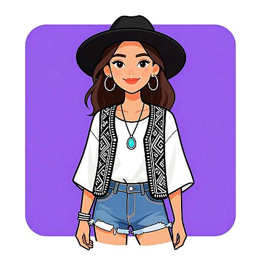 Digital drawing of a smiling young woman with dark brown hair, wearing a black hat, white shirt, blue shorts, patterned suspenders, hoop earrings