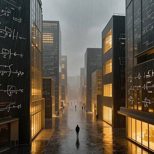 Photograph of a rainy urban street at dusk, flanked by illuminated modern buildings with mathematical equations on glass facades, silhouetted figures walking