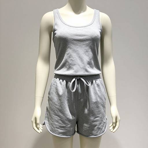 Photograph of a faceless, white, mannequin wearing a gray, sleeveless tank top and matching gray, drawstring athletic shorts, against