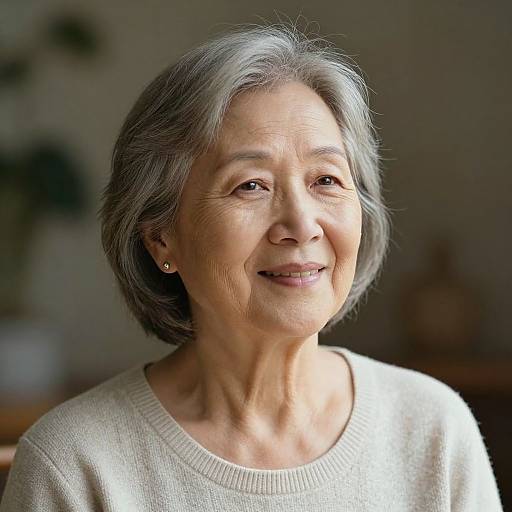 Photograph of an elderly Asian woman with short gray hair, wearing a beige sweater, smiling softly, and looking slightly to the right.