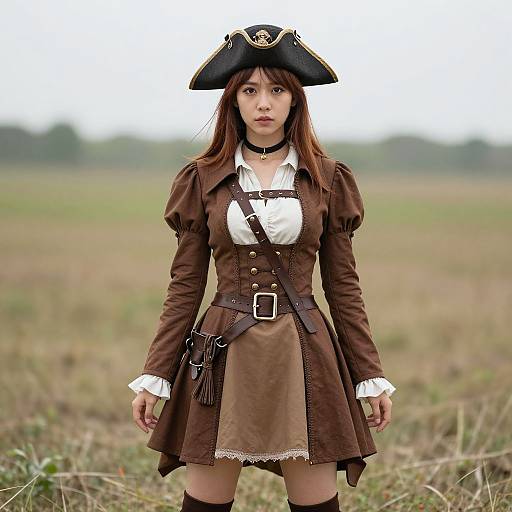 Photograph of an East Asian woman in a brown pirate costume with white shirt, black tricorn hat, and belt, standing in a grassy field