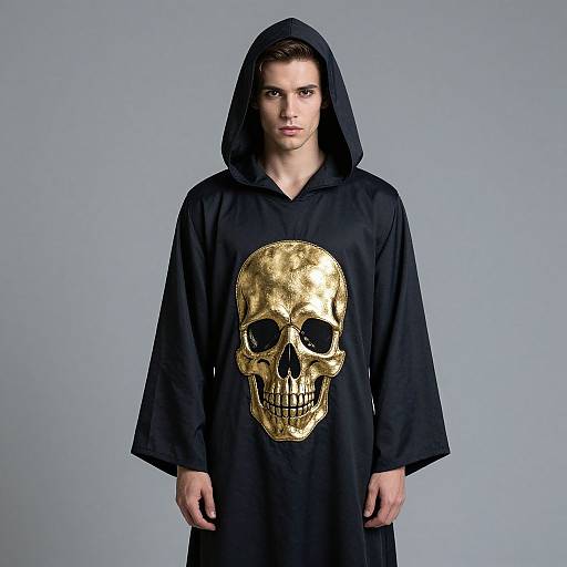 Photograph of a young man with pale skin, dark hair, and intense gaze, wearing a black hooded robe with a large, shiny gold skull