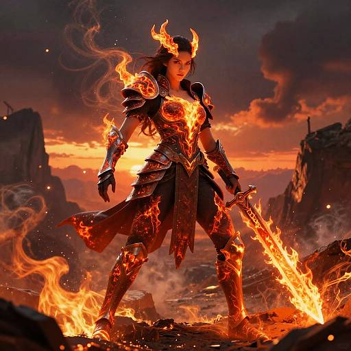 Digital art of a fierce, fire-enchanted warrior with glowing armor, horns, and a flaming sword, standing amid a fiery landscape at sunset.