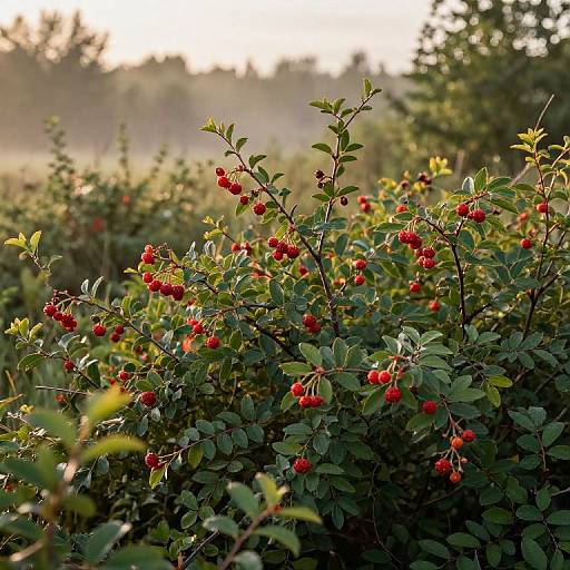 Photograph of dense bush with vibrant red berries and green leaves, backlit by soft, golden sunlight; misty background.