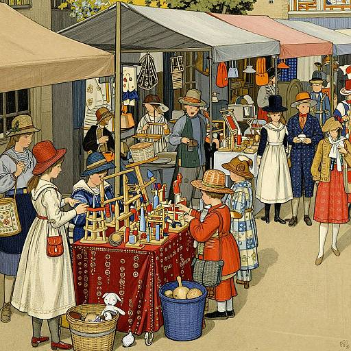 Colorful illustration of a bustling outdoor market with children building wooden houses, adults shopping, and vendor stalls under colorful tents.