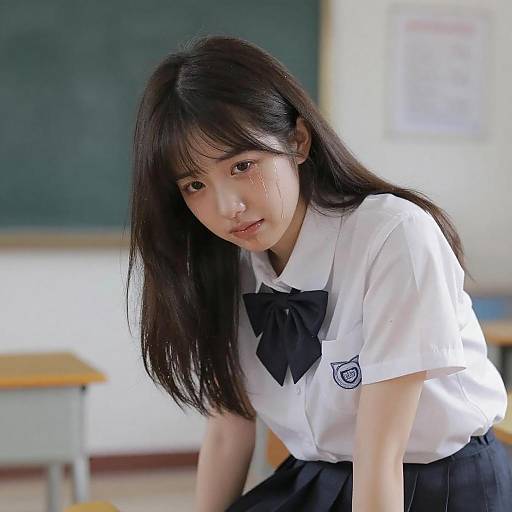 Photograph of an Asian schoolgirl with long black hair, wearing a white shirt with a black bow and black skirt, leaning forward in a classroom with