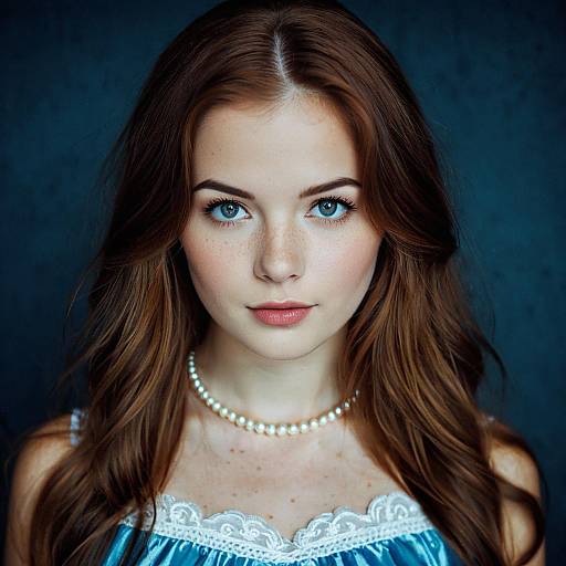 Young Woman in Pearl Necklace and Blue Dress