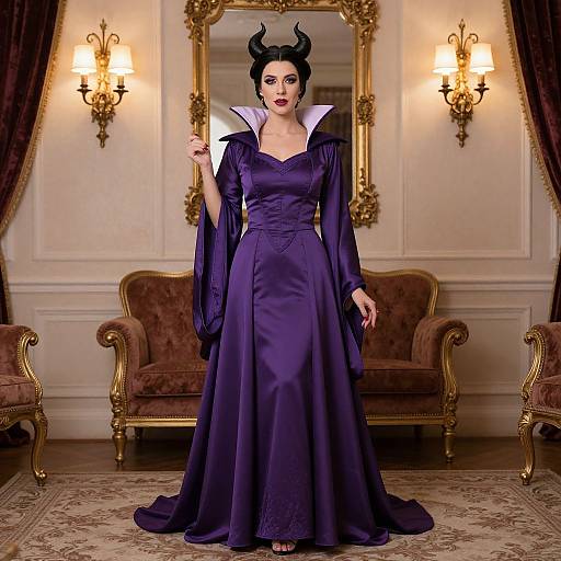 Photograph of a woman in a dark purple, Gothic-style dress with white collar and black horned headpiece, standing in an ornate, vintage