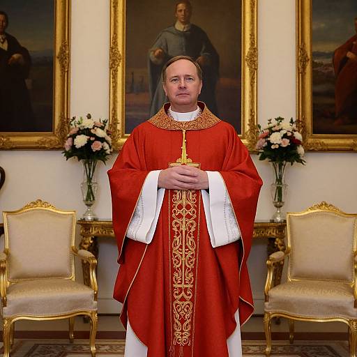 Photograph of a male Catholic bishop in ornate red vestments with gold trim, standing in an opulent room with floral arrangements and framed portraits in