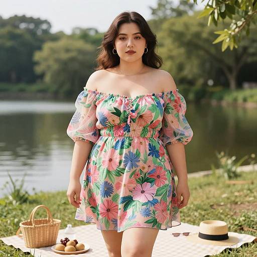 Photograph of a curvy woman with medium brown skin and wavy dark hair, wearing an off-shoulder floral dress, standing by a sunny