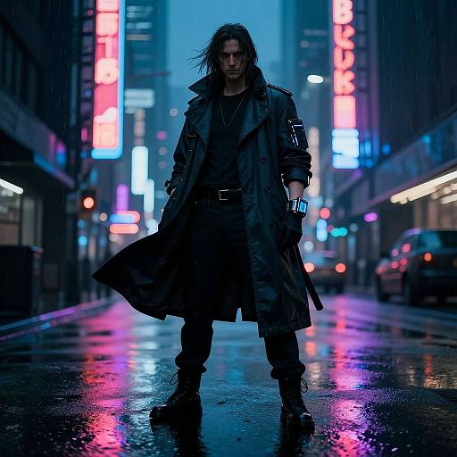 Cyberpunk scene: Silhouetted man with long hair, leather trench coat, and gloves stands on a neon-lit, rainy urban street