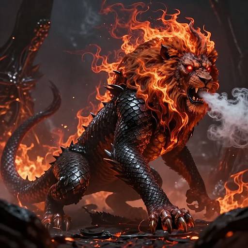 Digital artwork of a fierce, black-scaled demon lion with fiery mane and tail, glowing red eyes, and smoke exhaling from its mouth, set