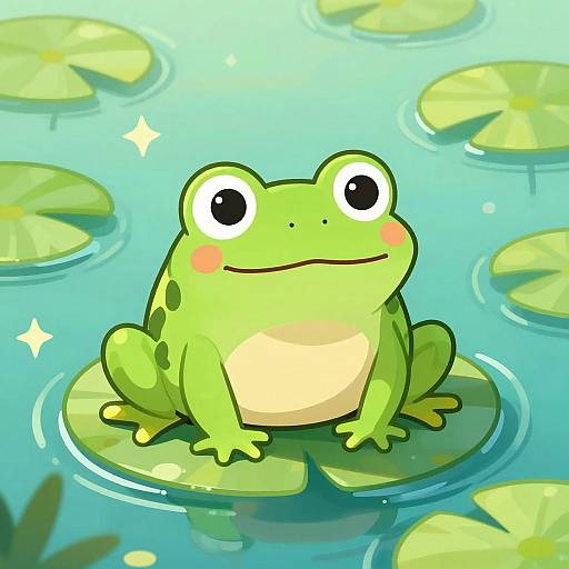 Cartoon-style green frog with large eyes and pink cheeks, sitting on a lily pad in a sparkling blue pond.
