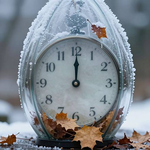Photograph of a frost-covered, vintage clock with black hands and numbers, surrounded by snow, autumn leaves, and ice crystals.