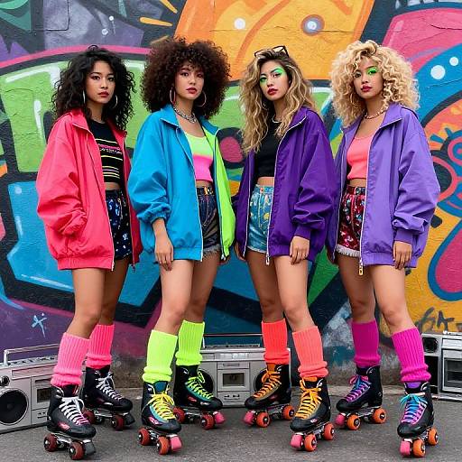 Photograph of four diverse women with curly hair, colorful outfits, neon leg warmers, and roller skates, standing in front of vibrant graffiti.