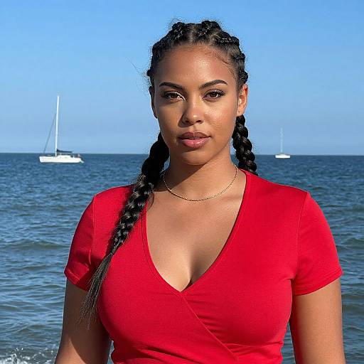 Photograph of a tan-skinned woman with braided hair, wearing a red V-neck shirt, standing on a sunny beach with two sailboats in