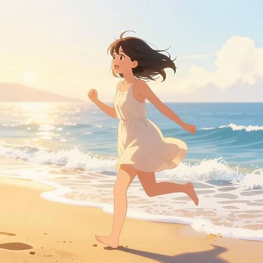 Joyful Anime Girl Running on Beach