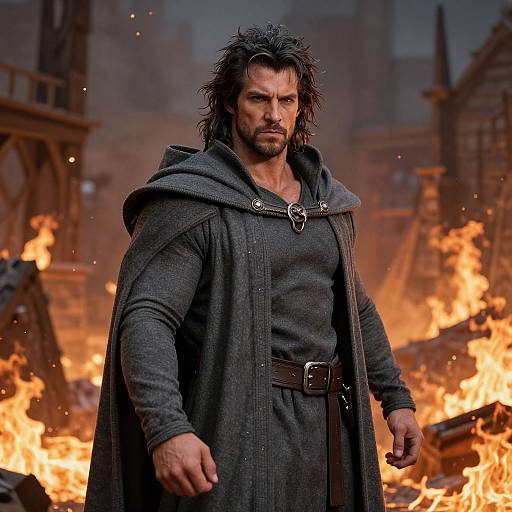 Photograph of a muscular, bearded man with dark, messy hair, wearing a dark gray hooded cloak, standing in a fiery, industrial setting