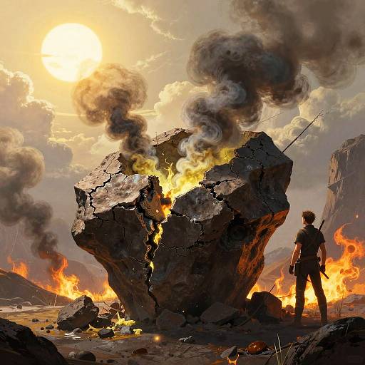 Digital artwork of a lone soldier with a rifle standing before a massive, cracked rock engulfed in fiery flames and thick smoke, under a bright, sun
