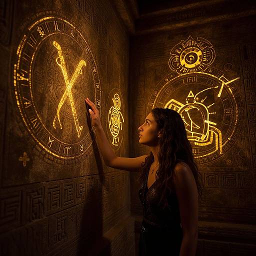 Photograph of a woman with long curly hair, wearing a black dress, touching an illuminated ancient Egyptian wall with hieroglyphs and symbols. Warm