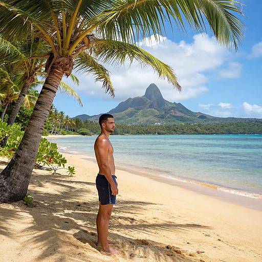 Photograph of a fit, shirtless man with short dark hair in black swim trunks, standing on a sunny tropical beach, palm trees, clear