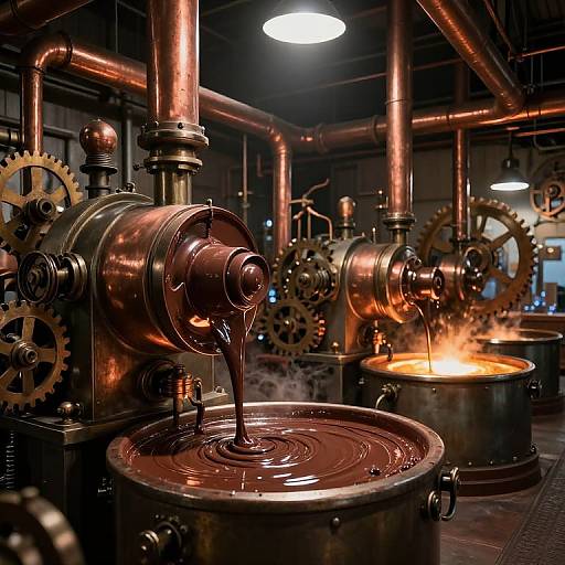 Photograph of a dimly lit industrial factory with copper pipes, gears, and two metal vats; one vat has molten metal spilling in