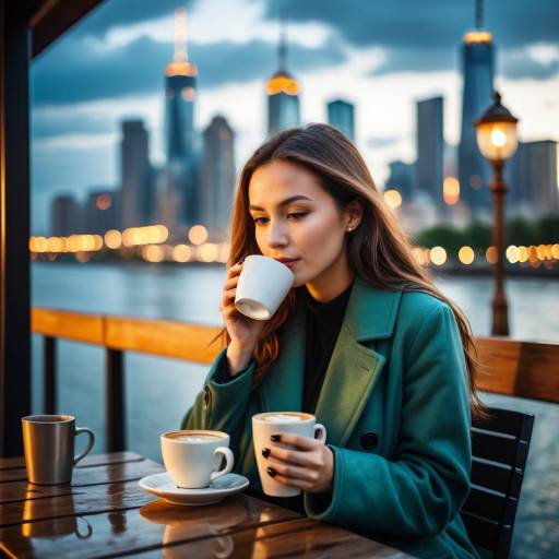 Young Woman Enjoying Coffee with City Skyline