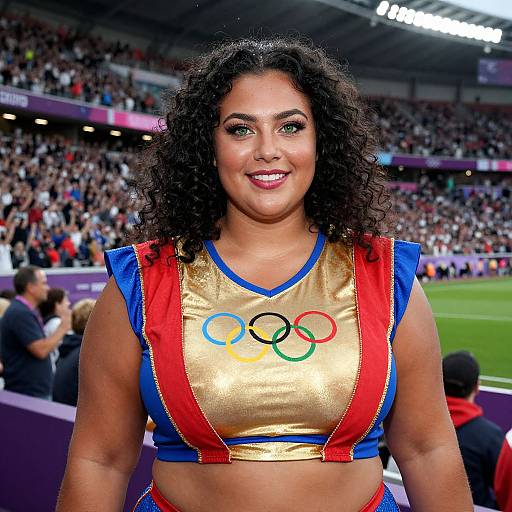 Photograph of a curvy, dark-haired woman with curly hair, wearing a gold and red Olympic-inspired sports crop top, smiling in a crowded stadium
