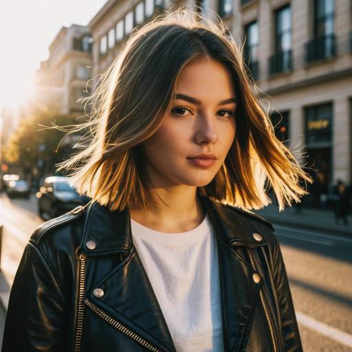Young Woman with Middle Part Hairstyle in Leather Jacket