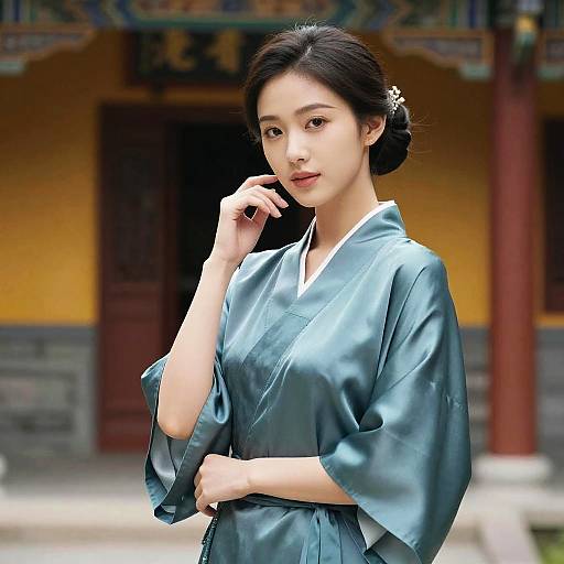 Photograph of an Asian woman with fair skin and black hair in a traditional teal silk kimono, standing in front of a colorful, ornate building