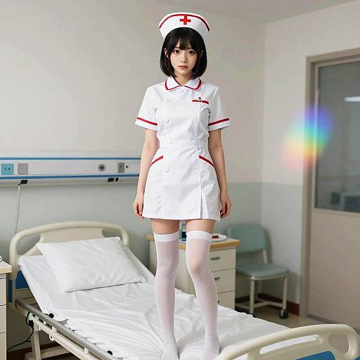 Photograph of an Asian woman in a white nurse uniform with red trim, white thigh-high stockings, and a nurse cap, standing in a sterile hospital