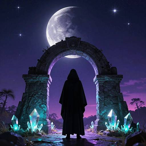 Cloaked Figure by Neon Crystal Archway