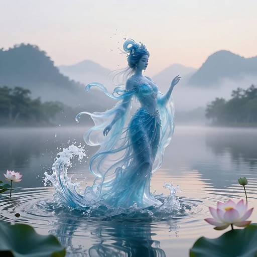 Digital artwork of a blue, ethereal mermaid-like figure emerging from a misty lake, surrounded by lotus flowers and mountainous background.