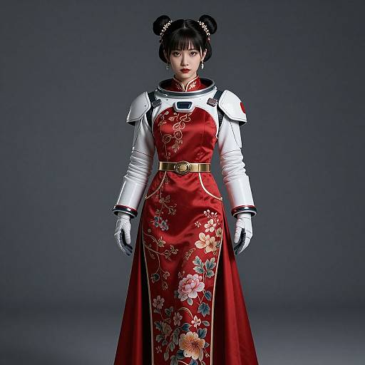 Digital CGI of an Asian woman in a red floral qipao with white armor shoulders, black gloves, and double buns hairstyle.