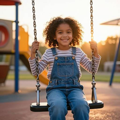 Photograph of a smiling African-American girl with curly hair, wearing blue denim overalls and a white-striped shirt, sitting on a swing in a sun