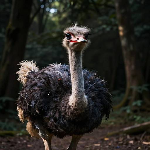 Photograph of an ostrich with fluffy black and white feathers, standing in a dimly lit forest with sunlight filtering through trees.