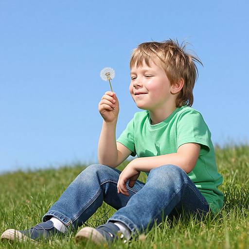 Smiling Child with Dandelion on Hill