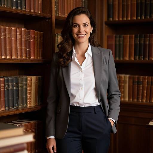 Photograph of a smiling woman with long dark hair, in a gray blazer and white shirt, standing in a library with wooden bookshelves filled
