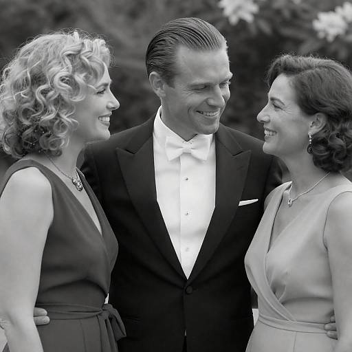 Black and White Portrait of Three People in Formal Attire