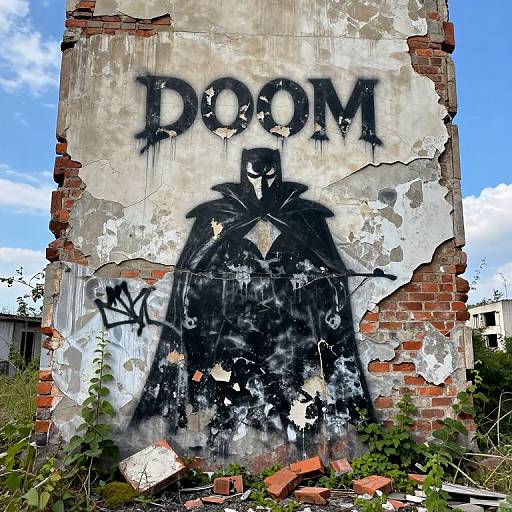 Photograph of a graffiti-covered, crumbling brick wall with 