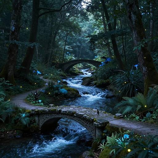 Mystical forest scene with a stone bridge over a glowing blue stream, surrounded by lush greenery, fireflies, and ethereal blue butterflies.