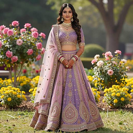 Elegant Purple Lehenga Bride in Garden