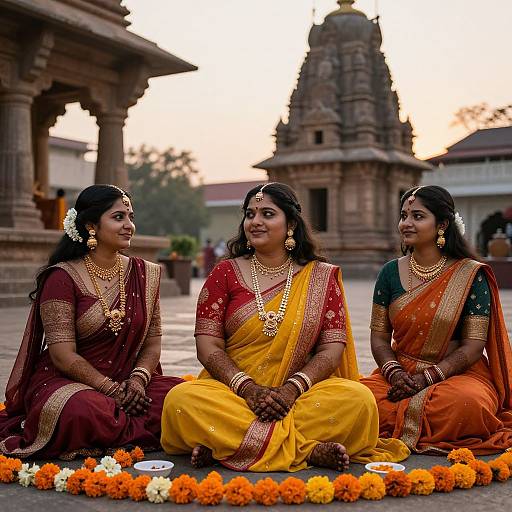 Photograph of three Indian women in traditional saris, seated on ground, adorned with jewelry, in front of a temple at sunset, surrounded by mar