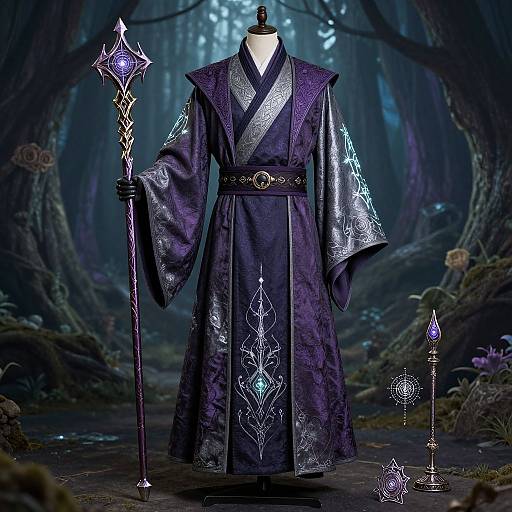 Photograph of a mannequin in a detailed, purple, medieval-style robe with silver embroidery, holding a glowing staff in a mystical forest.