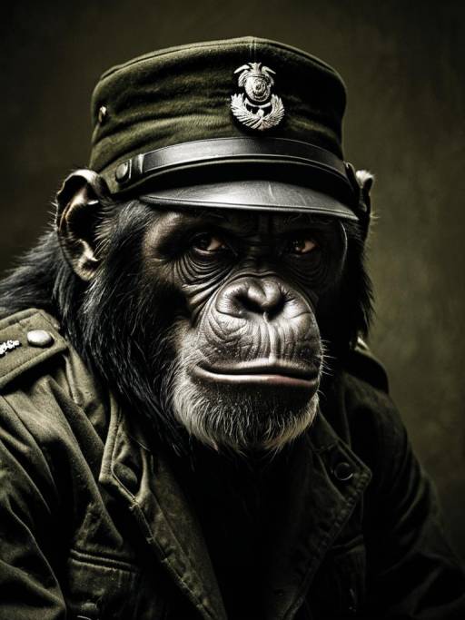 Solemn Chimpanzee in Military Attire