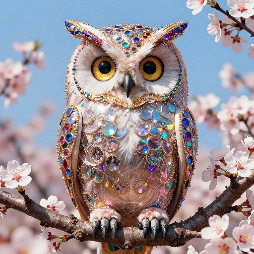 Gemstone-Encrusted Owl on Cherry Blossom Branch