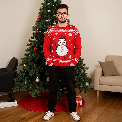 Photograph of a bearded man with glasses, wearing a red Christmas sweater with a snowman, black pants, and white sneakers, standing in front