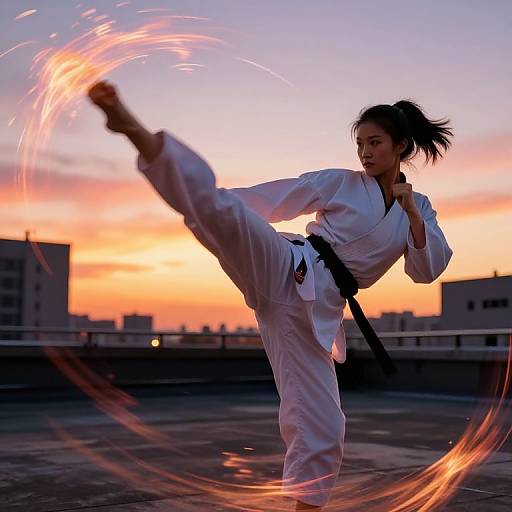 Photograph of an Asian woman in a white karate gi performing a high kick at sunset, with swirling orange light trails. Rooftop background with